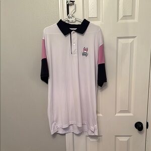 White Polo Shirt with Pink and Navy Accents